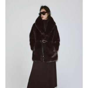 ZARA Women's Faux Fur Coat with Belt(Brown, US L/EUR L)